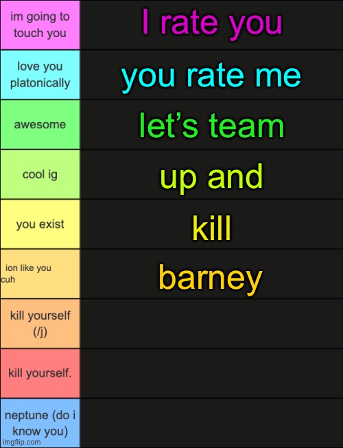 scott's tier list or some shit | I rate you; you rate me; let’s team; up and; kill; Barney | image tagged in scott's tier list or some shit | made w/ Imgflip meme maker