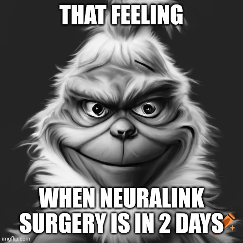 That feeling when Neuralink surgery is in 2 days | THAT FEELING; WHEN NEURALINK SURGERY IS IN 2 DAYS | image tagged in grinch | made w/ Imgflip meme maker