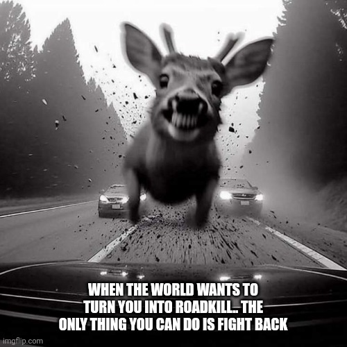 Death in the headlights | WHEN THE WORLD WANTS TO TURN YOU INTO ROADKILL.. THE ONLY THING YOU CAN DO IS FIGHT BACK | image tagged in kamikaze deer | made w/ Imgflip meme maker