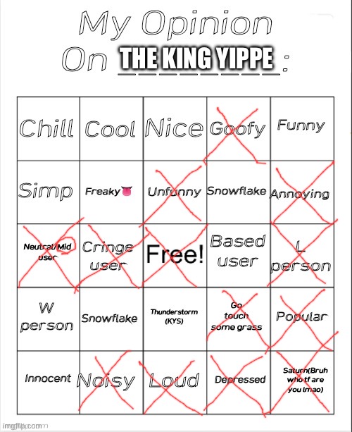 Mod whoever reads this delete this title when you look at it but sorry for 3 memes so fast just got a “funni rush” | THE KING YIPPE | image tagged in my opinion on ________ bingo by andika v2 | made w/ Imgflip meme maker