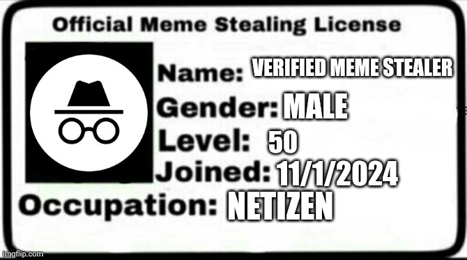 Meme Stealing License | VERIFIED MEME STEALER; MALE; 50; 11/1/2024; NETIZEN | image tagged in meme stealing license | made w/ Imgflip meme maker