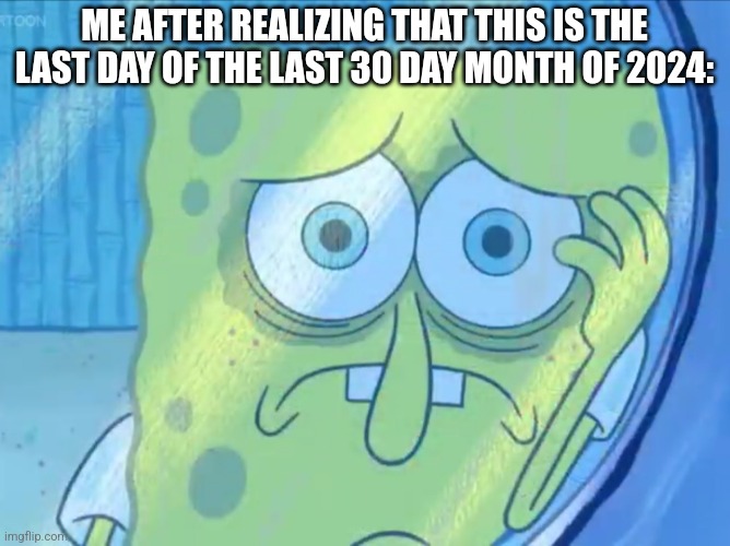 Depressed SpongeBob | ME AFTER REALIZING THAT THIS IS THE LAST DAY OF THE LAST 30 DAY MONTH OF 2024: | image tagged in depressed spongebob | made w/ Imgflip meme maker