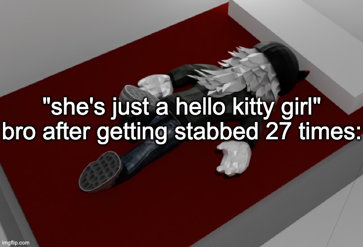now im drunk as fuck about to pass out | "she's just a hello kitty girl"
bro after getting stabbed 27 times: | image tagged in now im drunk as fuck about to pass out | made w/ Imgflip meme maker
