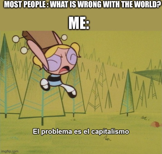 Fuck capitalism | MOST PEOPLE : WHAT IS WRONG WITH THE WORLD? ME: | made w/ Imgflip meme maker