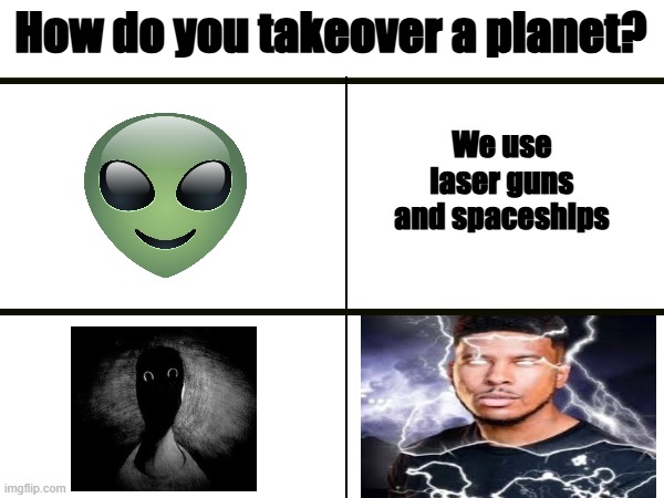 no way | How do you takeover a planet? We use laser guns and spaceships | image tagged in memes,shitpost | made w/ Imgflip meme maker