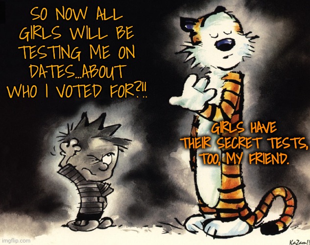 Susie Tests Calvin | SO NOW ALL GIRLS WILL BE TESTING ME ON DATES...ABOUT WHO I VOTED FOR?!! GIRLS HAVE THEIR SECRET TESTS, TOO, MY FRIEND. | image tagged in history denied,political humor | made w/ Imgflip meme maker