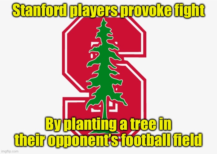 Why plant a flag when you can plant your mascot at mid field | Stanford players provoke fight; By planting a tree in their opponent’s football field | image tagged in rivalry,football,tree,plant | made w/ Imgflip meme maker