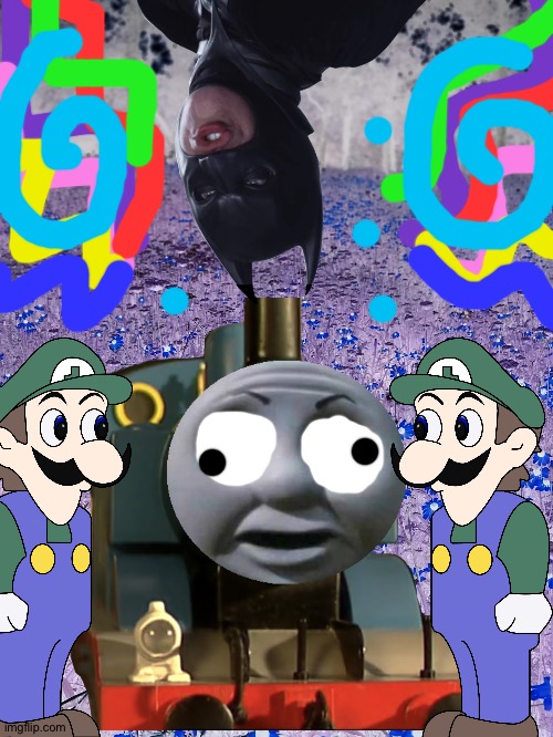 Thomas's really crazy wild dream | image tagged in thomas the tank engine,thomas o face,weegee,batman,crossover | made w/ Imgflip meme maker