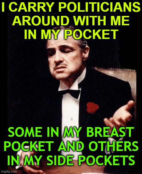 I Carry Politicians Around With Me In My Pocket | I CARRY POLITICIANS
AROUND WITH ME
IN MY POCKET; SOME IN MY BREAST
POCKET AND OTHERS
IN MY SIDE POCKETS | image tagged in godfather,politicians suck,politicians,government corruption,quotes,movie quotes | made w/ Imgflip meme maker