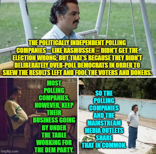 Post election analysis is NOT working out as the Political Left envisioned. | MOST POLLING COMPANIES, HOWEVER, KEEP THEIR BUSINESS GOING BY UNDER THE TABLE WORKING FOR THE DEM PARTY. THE POLITICALLY INDEPENDENT POLLING COMPANIES -- LIKE RASMUSSEN -- DIDN'T GET THE ELECTION WRONG; BUT THAT'S BECAUSE THEY DIDN'T DELIBERATELY OVER-POLL DEMOCRATS IN ORDER TO SKEW THE RESULTS LEFT AND FOOL THE VOTERS AND DONERS. SO THE POLLING COMPANIES AND THE MAINSTREAM MEDIA OUTLETS SHARE THAT IN COMMON. | image tagged in yep | made w/ Imgflip meme maker