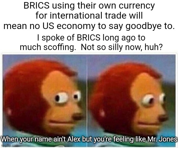 Monkey Puppet Meme | BRICS using their own currency for international trade will mean no US economy to say goodbye to. I spoke of BRICS long ago to much scoffing | image tagged in memes,monkey puppet | made w/ Imgflip meme maker