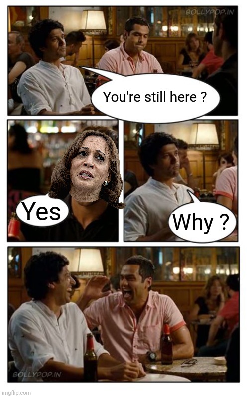 The face you make when you are simultaneously the sitting VP and irrelevant | You're still here ? Yes; Why ? | image tagged in znmd,kamala harris,loser,mental illness,pest,go home you're drunk | made w/ Imgflip meme maker