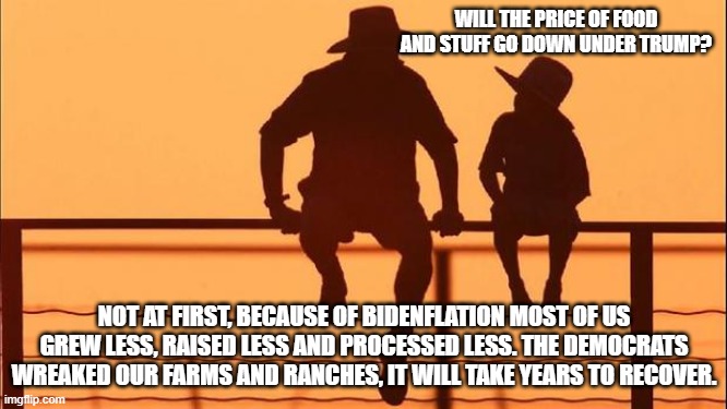 Cowboy wisdom, recovery will be slow | WILL THE PRICE OF FOOD AND STUFF GO DOWN UNDER TRUMP? NOT AT FIRST, BECAUSE OF BIDENFLATION MOST OF US GREW LESS, RAISED LESS AND PROCESSED LESS. THE DEMOCRATS WREAKED OUR FARMS AND RANCHES, IT WILL TAKE YEARS TO RECOVER. | image tagged in cowboy father and son,cowboy wisdom,slow recovery,bidenflation,democrat war on america,the left can eat bugs | made w/ Imgflip meme maker