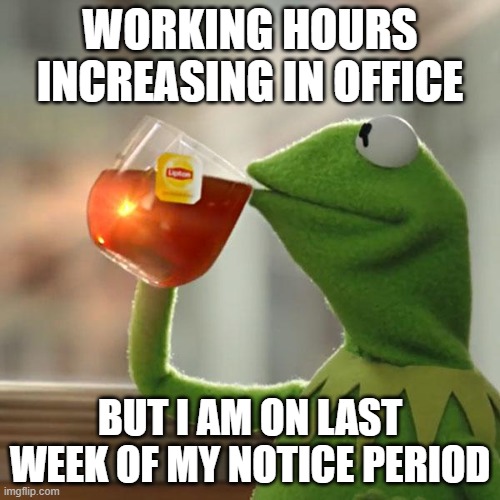 But That's None Of My Business Meme | WORKING HOURS INCREASING IN OFFICE; BUT I AM ON LAST WEEK OF MY NOTICE PERIOD | image tagged in memes,but that's none of my business,kermit the frog | made w/ Imgflip meme maker