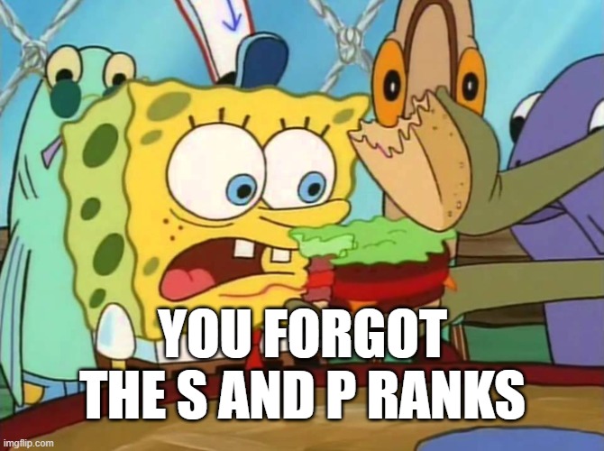 You forgot the pickles! | YOU FORGOT THE S AND P RANKS | image tagged in you forgot the pickles | made w/ Imgflip meme maker