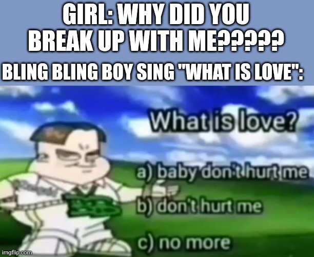 what is love | GIRL: WHY DID YOU BREAK UP WITH ME????? BLING BLING BOY SING "WHAT IS LOVE": | image tagged in what is love | made w/ Imgflip meme maker