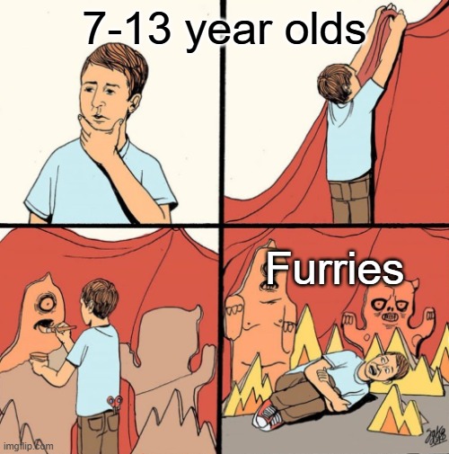 Average anti-furry | 7-13 year olds; Furries | image tagged in man makes his own monsters from cardboard | made w/ Imgflip meme maker