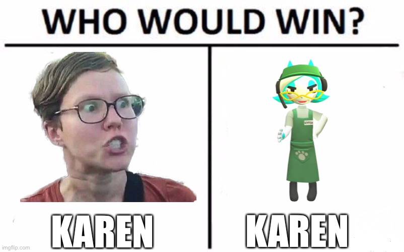 Who Would Win? | KAREN; KAREN | image tagged in memes,who would win,karen,karens,smg4 | made w/ Imgflip meme maker