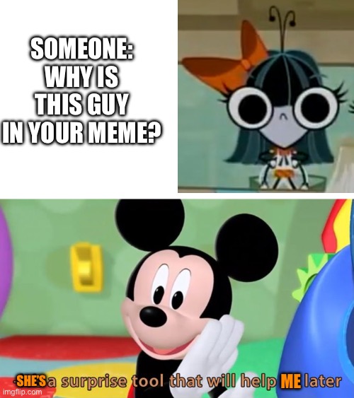 Probably the best tool for anyone to have, no? | SOMEONE:
WHY IS THIS GUY IN YOUR MEME? ME; SHE’S | image tagged in mickey mouse tool,it's a surprise tool that will help us later,one fly,the buzz on maggie,fly,mickey mouse | made w/ Imgflip meme maker