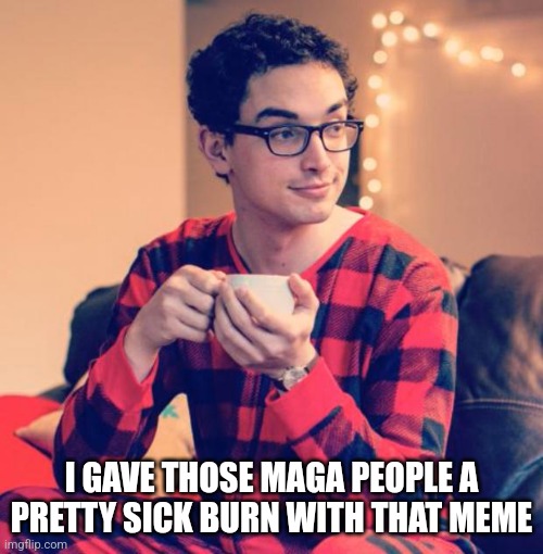 Pajama Boy | I GAVE THOSE MAGA PEOPLE A PRETTY SICK BURN WITH THAT MEME | image tagged in pajama boy | made w/ Imgflip meme maker