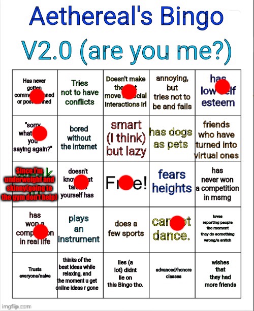 I tried | Since I’m underweight and skinny(going to the gym don’t help) | image tagged in aethereal's bingo v2 0 | made w/ Imgflip meme maker