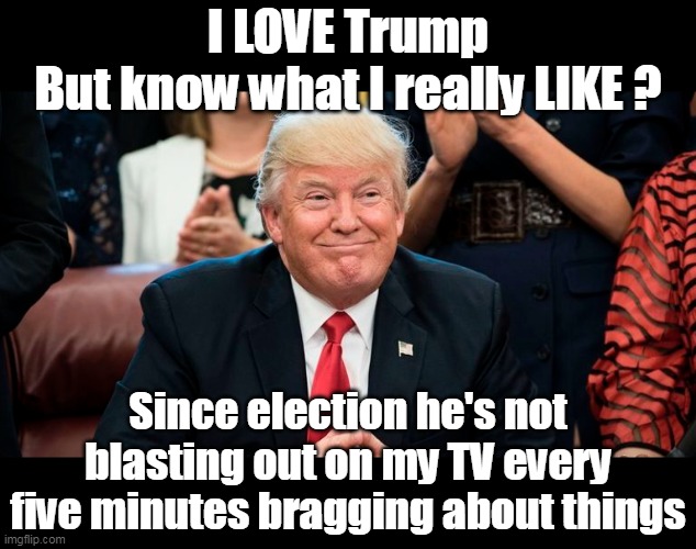 A Wiser, perhaps more Humble Donald ? | I LOVE Trump
But know what I really LIKE ? Since election he's not blasting out on my TV every five minutes bragging about things | image tagged in trump not bragging meme | made w/ Imgflip meme maker