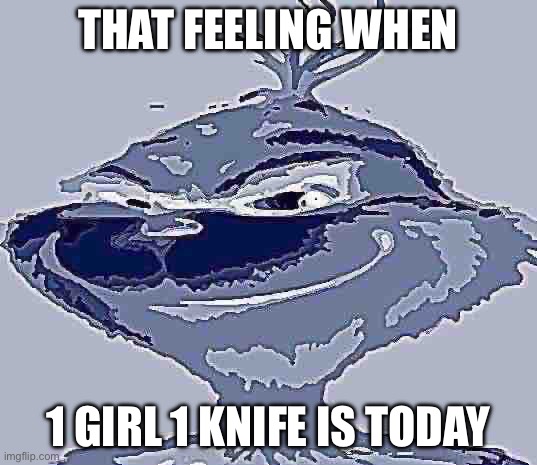 Blue Grinch | THAT FEELING WHEN; 1 GIRL 1 KNIFE IS TODAY | image tagged in blue grinch | made w/ Imgflip meme maker