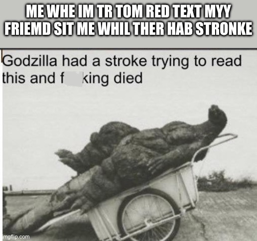 bro havebin stronk | ME WHE IM TR TOM RED TEXT MYY FRIEMD SIT ME WHIL THER HAB STRONKE | image tagged in godzilla,stroke,funny memes,funny,memes,text messages | made w/ Imgflip meme maker