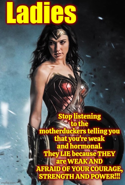 Wonderful Women | Ladies; Stop listening to the motherduckers telling you that you're weak and hormonal.
They LIE because THEY are WEAK AND AFRAID OF YOUR COURAGE, STRENGTH AND POWER!!! | image tagged in wonder woman,women,girls,female,strong women,memes | made w/ Imgflip meme maker