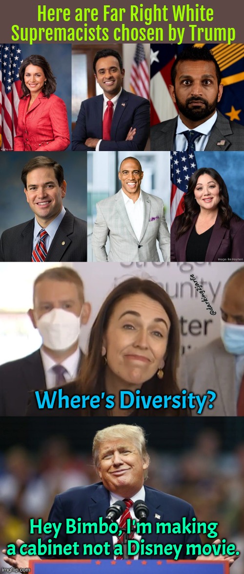 Trump: Most. Racist President. Ever. | Here are Far Right White Supremacists chosen by Trump; @darking2jarlie; Where's Diversity? Hey Bimbo, I'm making a cabinet not a Disney movie. | image tagged in diversity,liberal logic,trump,liberals,donald trump,america | made w/ Imgflip meme maker