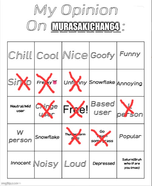 Fuck you | MURASAKICHAN64 | image tagged in my opinion on ________ bingo by andika v2 | made w/ Imgflip meme maker