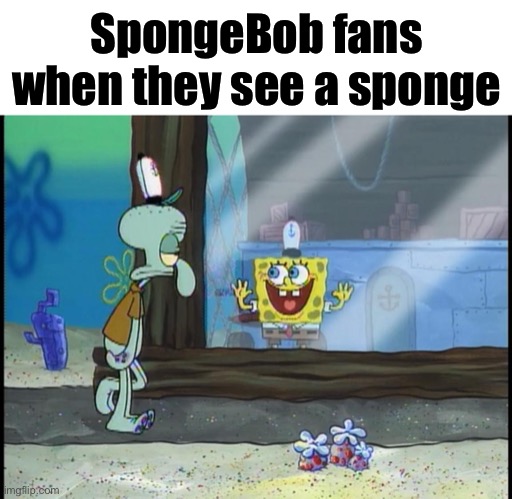 Spongebob window | SpongeBob fans when they see a sponge | image tagged in spongebob window | made w/ Imgflip meme maker