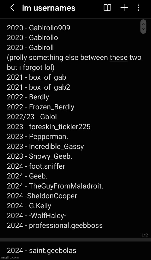 all of the usernames i've had up until this point | made w/ Imgflip meme maker