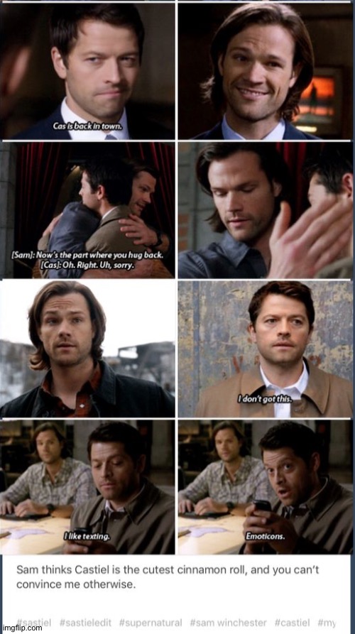 Castiel Being Just A Little Bit Special | image tagged in bros got brain damage,sam winchester,jared padalecki,castiel,misha collins,supernatural | made w/ Imgflip meme maker