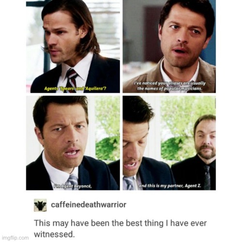 Beyoncé Actually Has A Last Name, You Know? | image tagged in bro thinks hes beyonce,crowley is so proud of him,sam winchester,castiel,crowley,dean is off screen | made w/ Imgflip meme maker