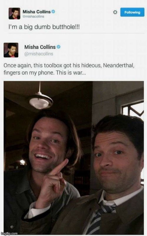 Why Is Bro Talking Like He's 5? Also, Literally Mood. | image tagged in supernatural,misha collins,jared padalecki,id like to know the lore behind this image | made w/ Imgflip meme maker