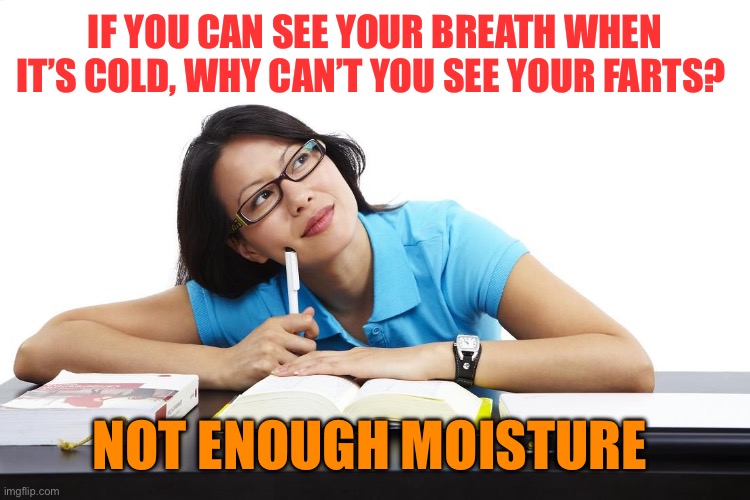 Science | IF YOU CAN SEE YOUR BREATH WHEN IT’S COLD, WHY CAN’T YOU SEE YOUR FARTS? NOT ENOUGH MOISTURE | image tagged in logical student,gifs,fun,fart jokes,jokes | made w/ Imgflip meme maker