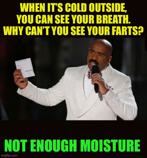 Inquiring minds want to know | WHEN IT’S COLD OUTSIDE, YOU CAN SEE YOUR BREATH. WHY CAN’T YOU SEE YOUR FARTS? NOT ENOUGH MOISTURE | image tagged in wrong answer steve harvey,fun,fart jokes,jokes,science | made w/ Imgflip meme maker