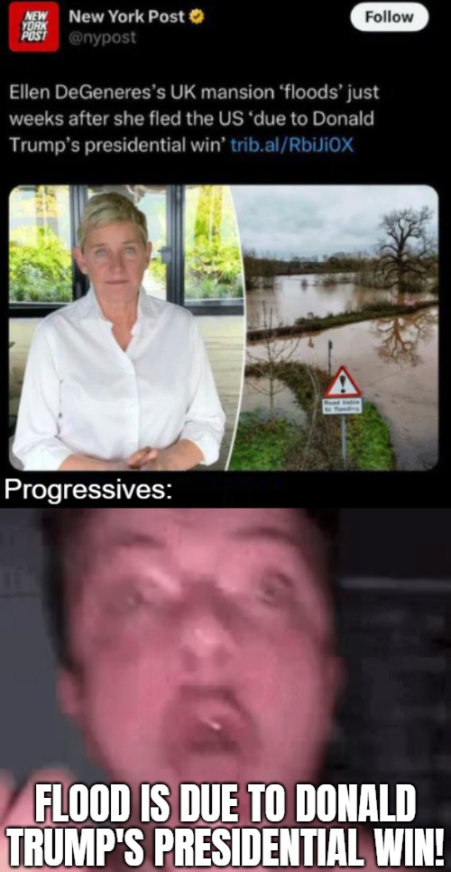 Political reading skills | FLOOD IS DUE TO DONALD TRUMP'S PRESIDENTIAL WIN! | image tagged in donald trump,ellen degeneres,funny,sarcasm,american politics | made w/ Imgflip meme maker