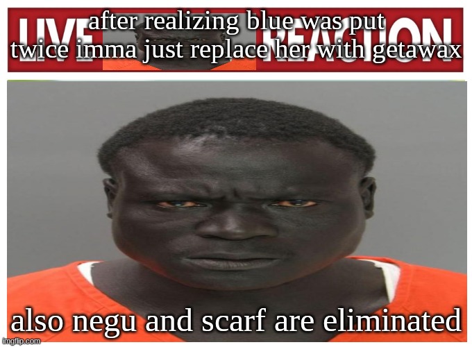 live convict reaction | after realizing blue was put twice imma just replace her with getawax; also negu and scarf are eliminated | image tagged in live convict reaction | made w/ Imgflip meme maker