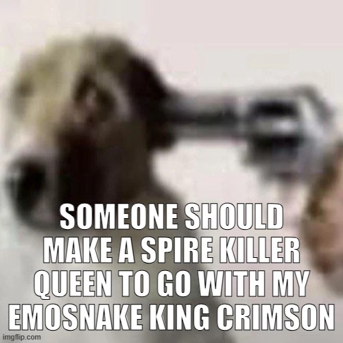 dog gunpoint | SOMEONE SHOULD MAKE A SPIRE KILLER QUEEN TO GO WITH MY EMOSNAKE KING CRIMSON | image tagged in dog gunpoint | made w/ Imgflip meme maker