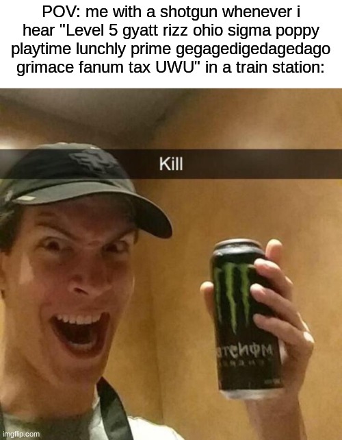 TWO KIDS GON' DIE TONIGHT | POV: me with a shotgun whenever i hear "Level 5 gyatt rizz ohio sigma poppy playtime lunchly prime gegagedigedagedago grimace fanum tax UWU" in a train station: | image tagged in kill guy | made w/ Imgflip meme maker