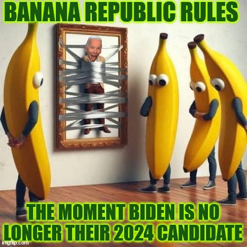 What they call Saving Democracy...  removing one puppet for another... | BANANA REPUBLIC RULES; THE MOMENT BIDEN IS NO LONGER THEIR 2024 CANDIDATE | image tagged in banana republic dems,they choose their candidates,their voters are too stupid | made w/ Imgflip meme maker