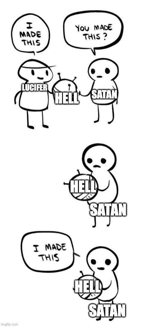 You made this?...I made this | HELL; SATAN; LUCIFER; HELL; SATAN; HELL; SATAN | image tagged in you made this i made this,helluva boss,hazbin hotel | made w/ Imgflip meme maker