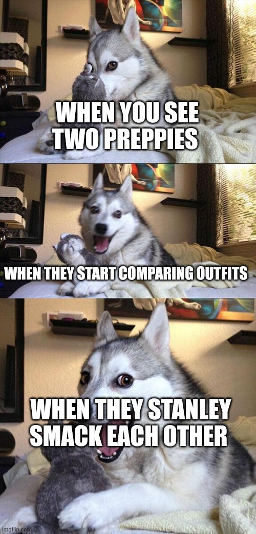 Preppies ? | WHEN YOU SEE TWO PREPPIES; WHEN THEY START COMPARING OUTFITS; WHEN THEY STANLEY SMACK EACH OTHER | image tagged in memes,bad pun dog | made w/ Imgflip meme maker