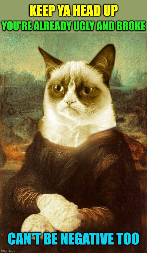 Grumpy Cat's Guide To Life | KEEP YA HEAD UP; YOU'RE ALREADY UGLY AND BROKE; CAN'T BE NEGATIVE TOO | image tagged in grumpy cat mona lisa,grumpy cat,motivation,memes | made w/ Imgflip meme maker