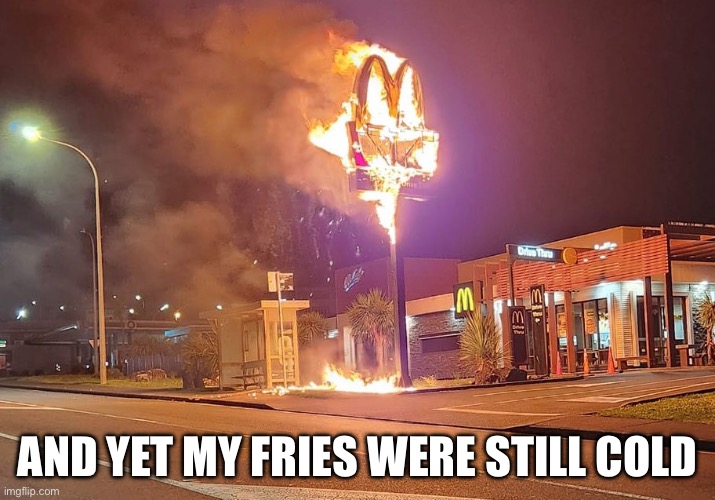 Must be some kind of thermal transfer at work | AND YET MY FRIES WERE STILL COLD | image tagged in flaming mcdonald's,cold,fries,french fries,mcdonalds | made w/ Imgflip meme maker