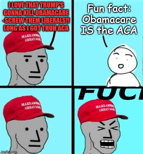 I'd ask how long will the FINDING OUT period will last but it's been running since @ mid-2017 sooo... | I LOVE THAT TRUMP'S GONNA KILL OBAMACARE -SCREW THEM LIBERALS!! LONG AS I GOT THUH ACA; Fun fact: Obamacare IS the ACA | image tagged in maga npc scream,oops,fafo | made w/ Imgflip meme maker