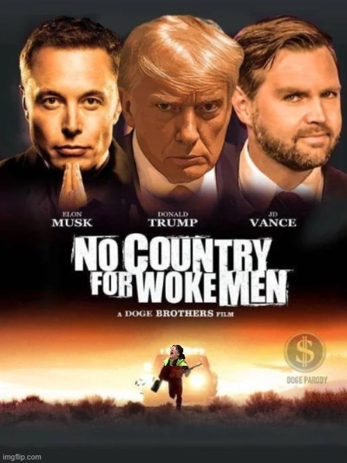 No Country For Woke Men movie poster | image tagged in donald trump approves,elon musk,maga,classic movies | made w/ Imgflip meme maker