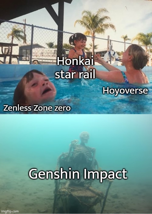 Man, Hoyoverse surely doesn't care much to Genshin Impact. | Honkai star rail; Hoyoverse; Zenless Zone zero; Genshin Impact | image tagged in swimming pool kids,memes,hoyoverse,honkai star rail,zenless zone zero,genshin impact | made w/ Imgflip meme maker